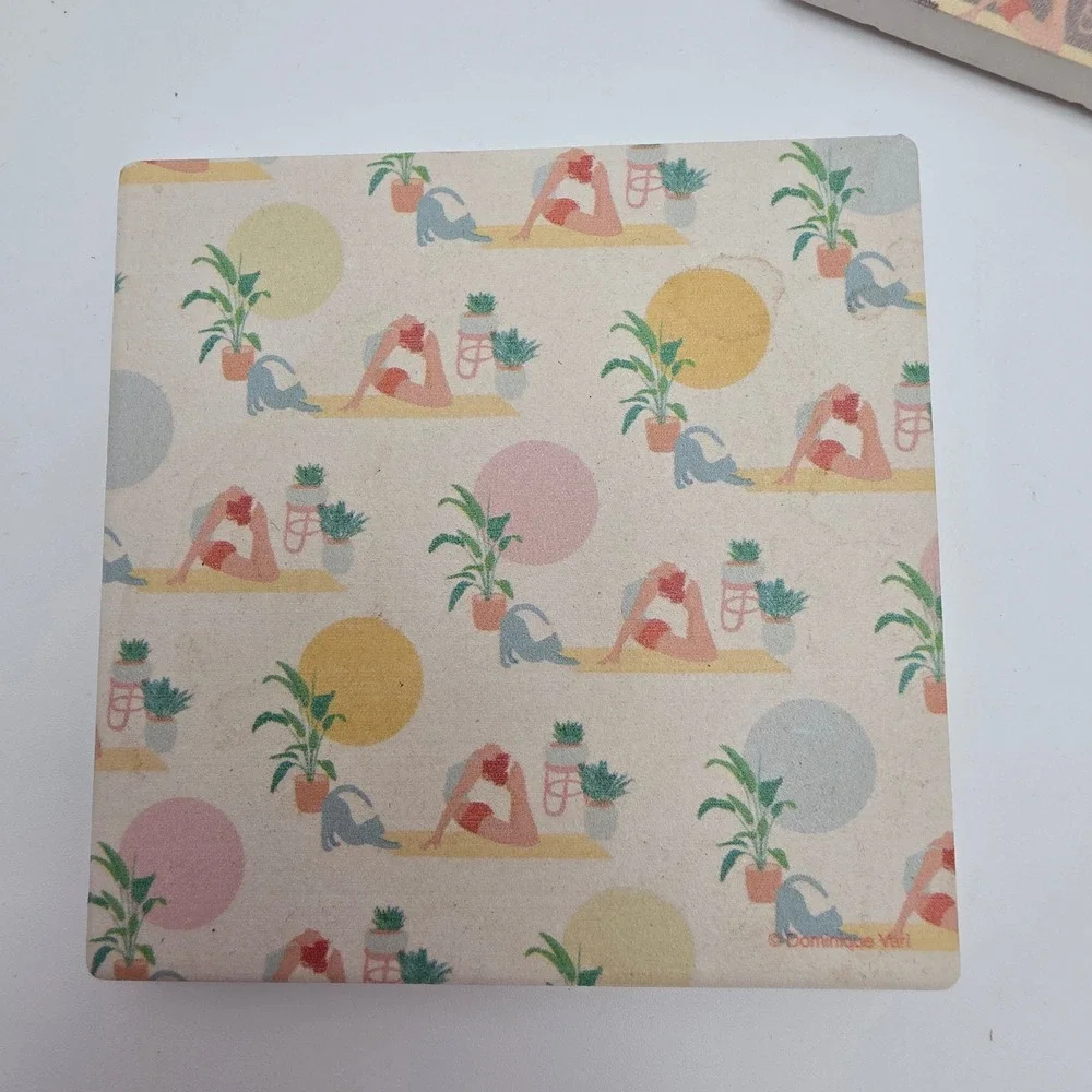 Yoga Cat Absorbent‎ Stone Coasters Set of 4 Cream Grey Cork Back Bohemian Decor